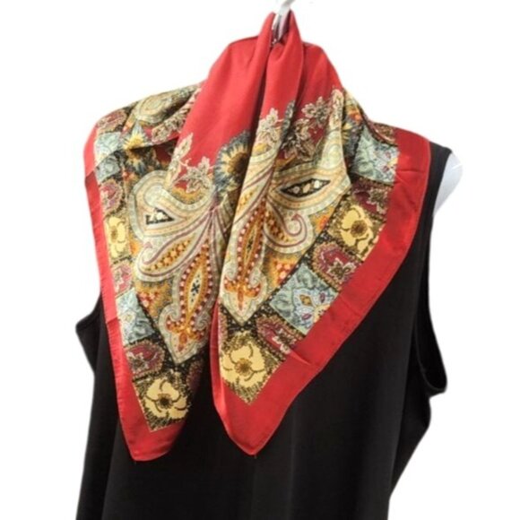 Square Silk Scarf Red With Ornate Paisley Floral Print 27.5 inch Square Wild Rag - Picture 4 of 16